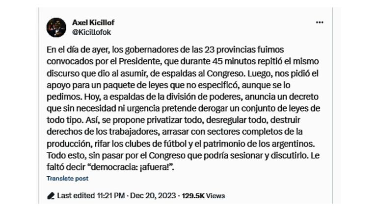 Tuits contra Milei tras el DNU 20231220