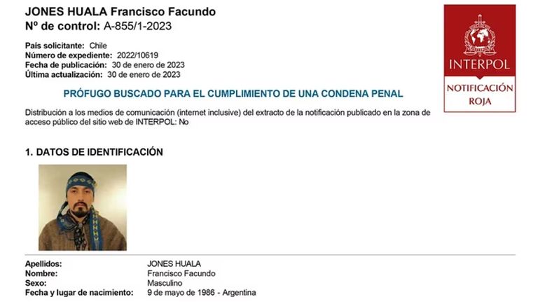 Interpol emitió circular roja para que Jones Huala quede en detención preventiva y sea extraditado