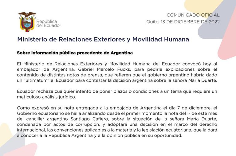 Ecuador sobre María Duarte 20221213