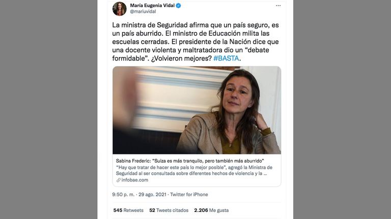Twit María Eugenia Vidal 20210830