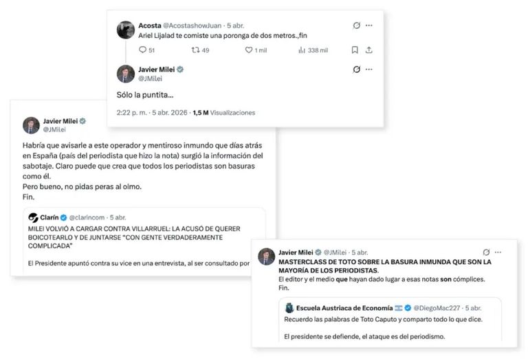 Retuits de Javier Milei del 5 de abril contra el periodismo