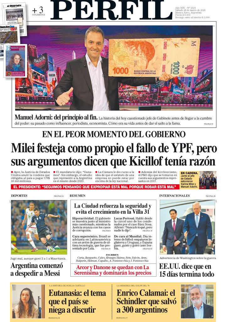 La tapa del Diario PERFIL del sábado 28 de marzo de 2026