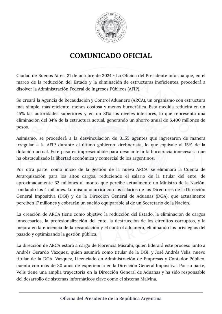 Comunicado sobre disolución AFIP