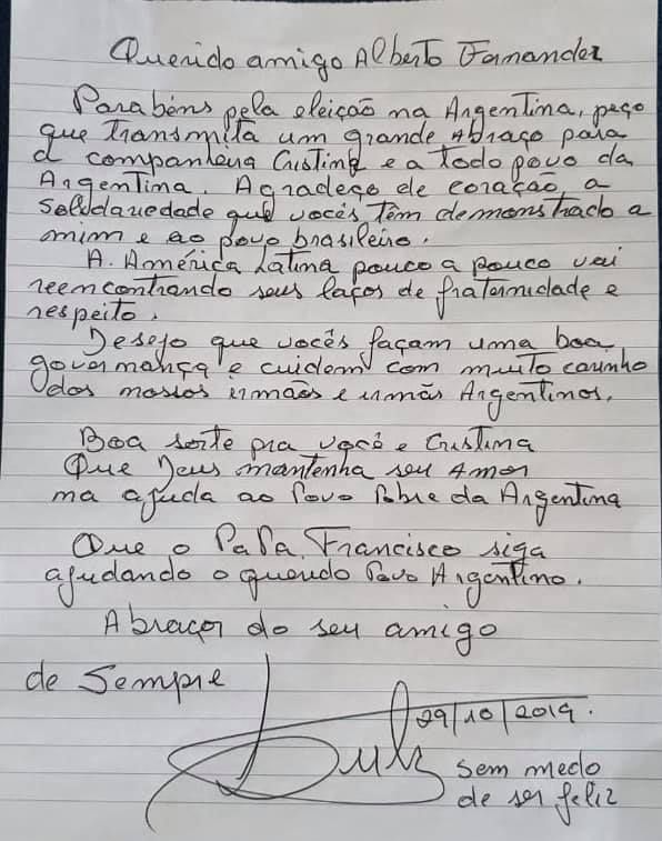 carta de lula da silva a alberto fernandez