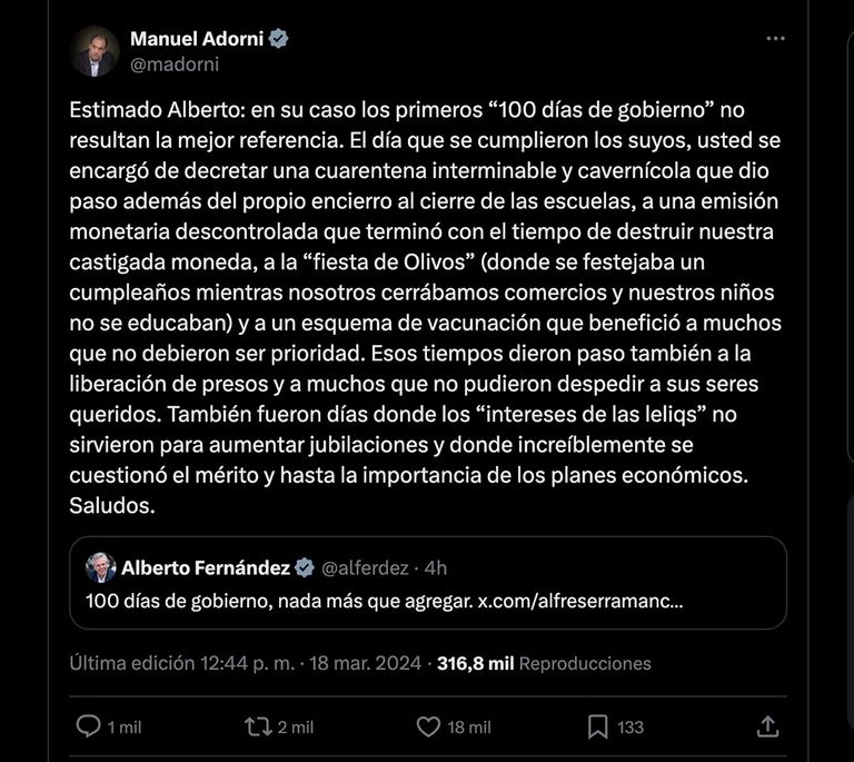 Tuit de Manuel Adorni
