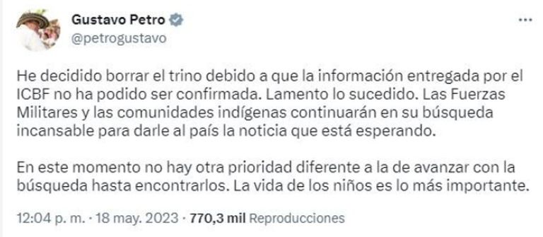 Tweet de Gustavo Petro 20230518