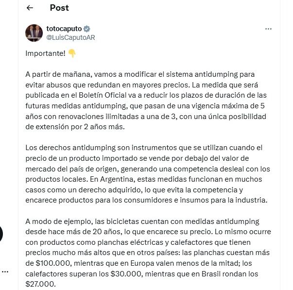 Post Luis Caputo antidumping