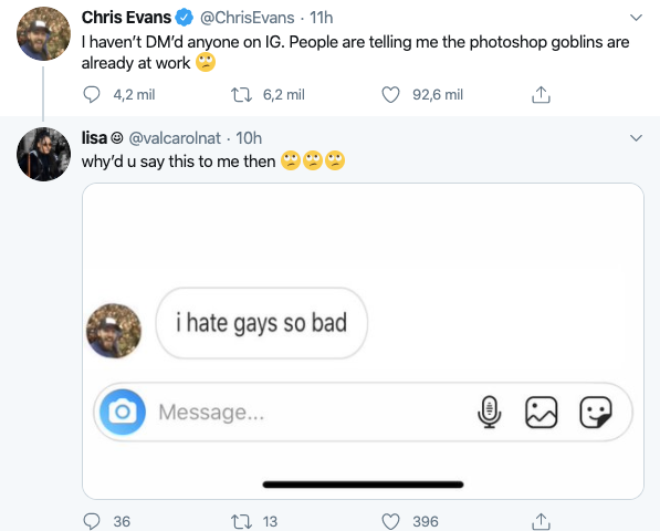 Chris Evans Racist DM Instagram
