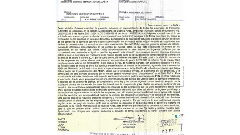 Las empresas de colectivos del AMBA le mandaron una carta documento a Caputo