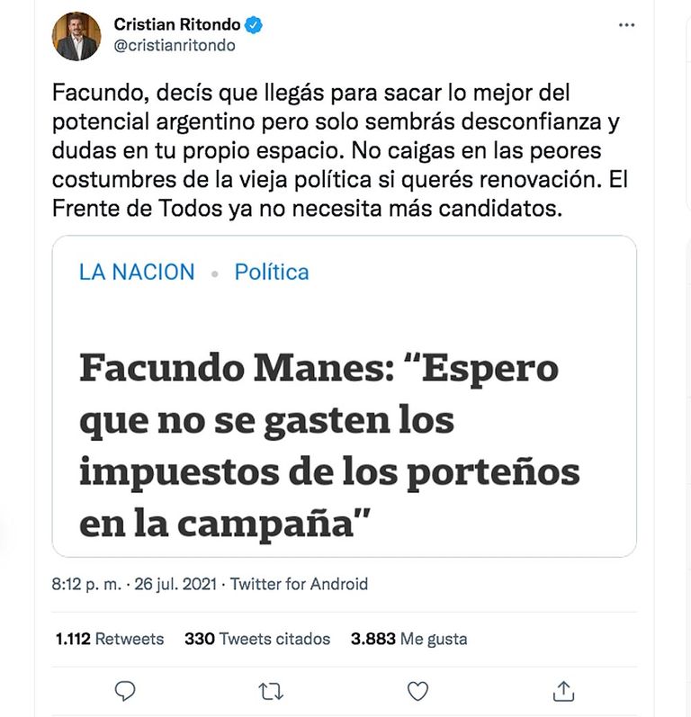 Twit de Cristian Ritondo 20210727