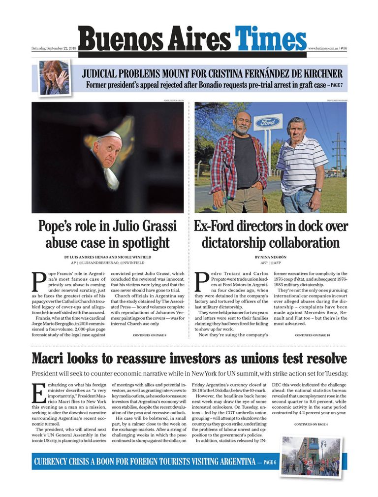 La tapa de Buenos Aires Times de este sábado.