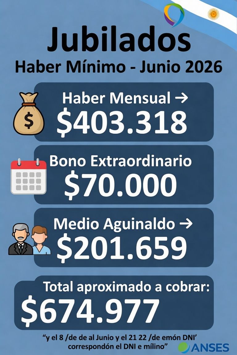 Jubilaciones, bono y aguinaldo en junio 2026. 