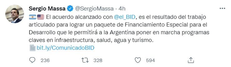 Tweet Massa por acuerdo con el BID