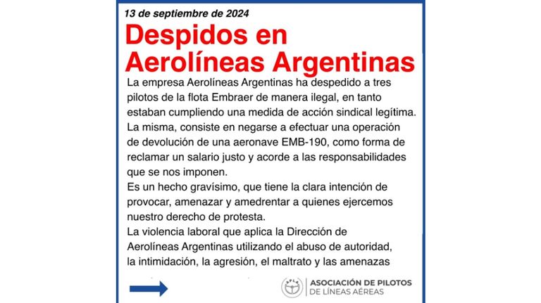 Comunicado de APLA por el despido de pilotos 20240913