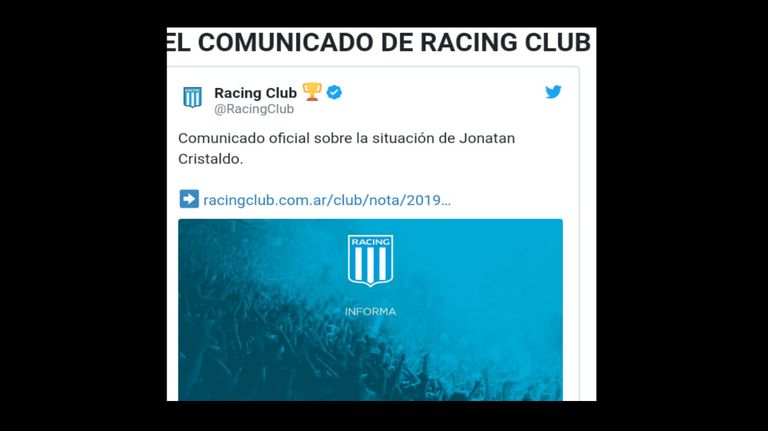 Comunicado de Racing por Cristaldo