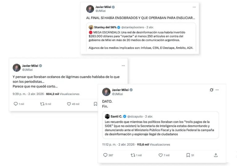 Retuits de Javier Milei del 2 de abril contra el periodismo