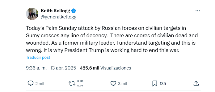 Keith Kellogg, enviado de Trump para Ucrania, admitió que lo hecho por Rusia en el ataque a Sumy