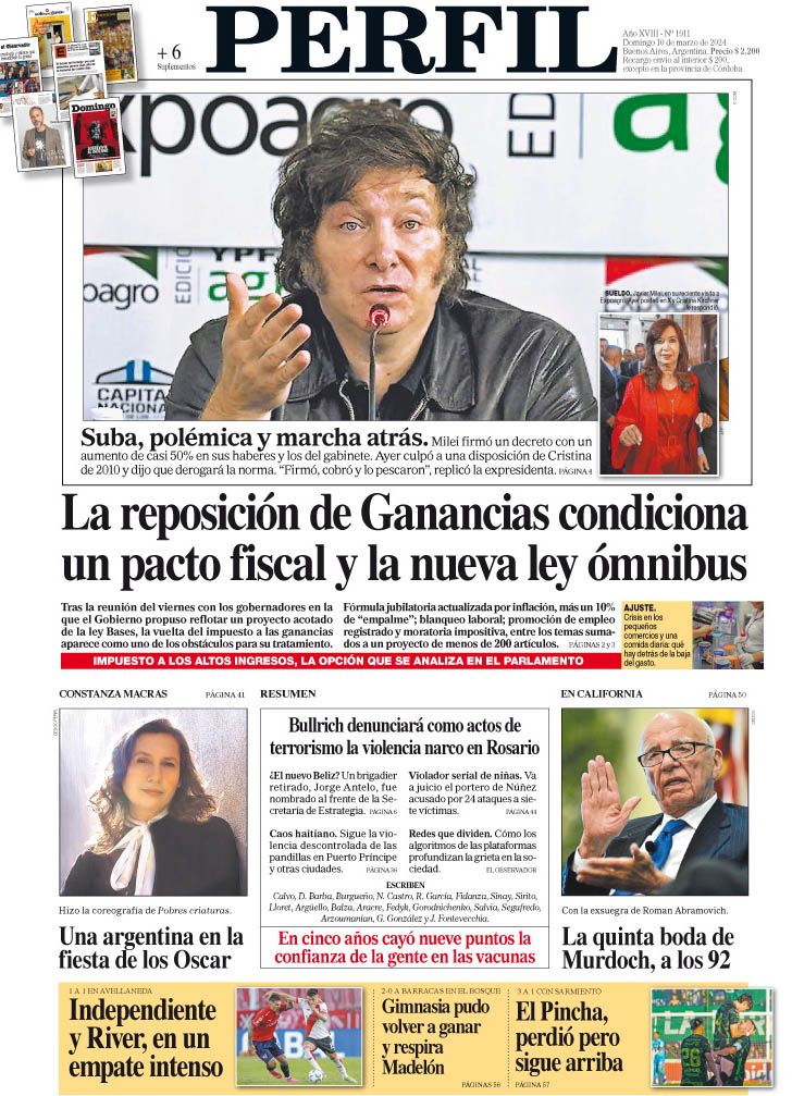 La tapa del Diario PERFIL del domingo 10 de marzo de 2024