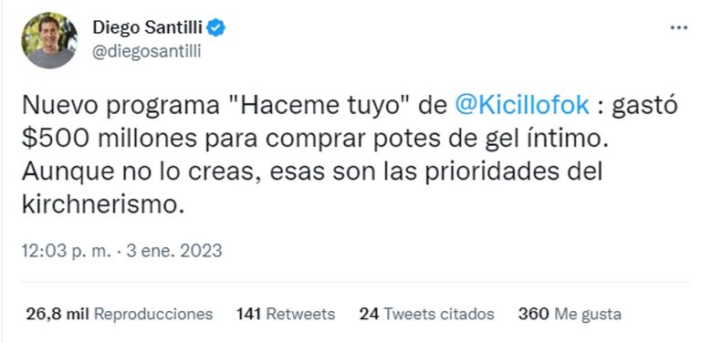 Tweet de Diego Santilli 20230103