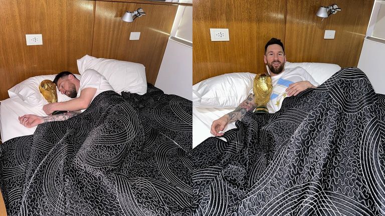 20221220 Lionel Messi amaneciendo con la Copa del Mundo.