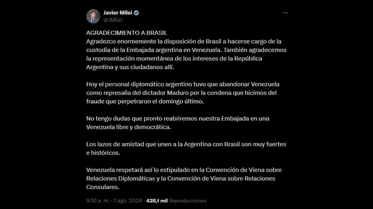 Agradecimiento de Milei a Brasil