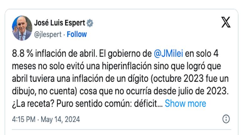 El Gobierno festejó la baja de la inflación en abril 20240514