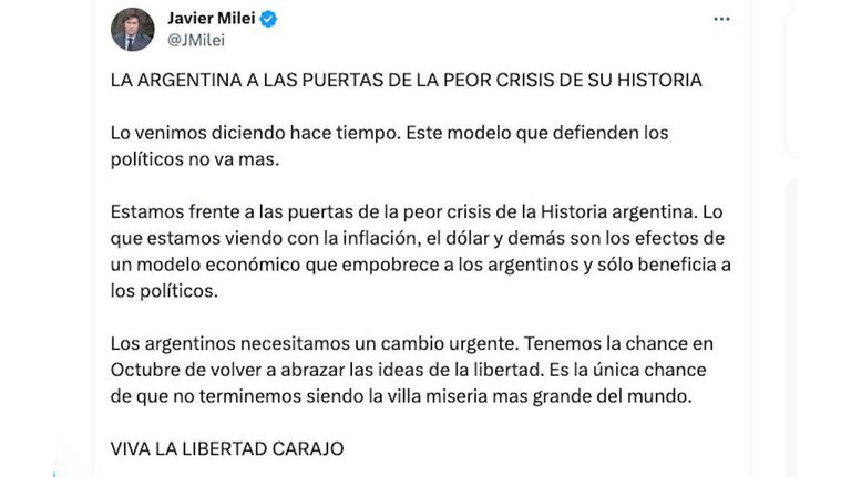 Javier Milei Tweet 20231009