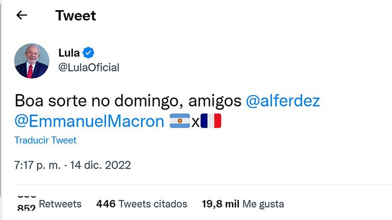 Tuits Lula da Silva y Emmanuel Macron 20221214