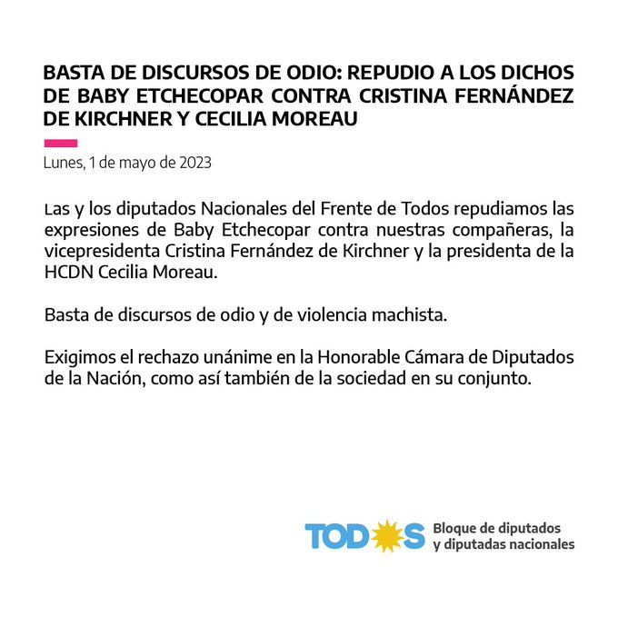 Comunicado del bloque FdT sobre los dichos de Baby Etchecopar
