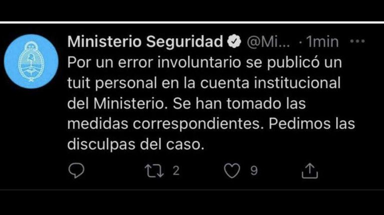 El “error involuntario” del ministerio de Seguridad en Twitter 20210419