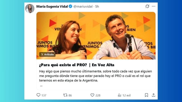 María Eugenia Vidal fijó postura en redes sociales sobre la relación entre el PRO y La Libertad Avanza