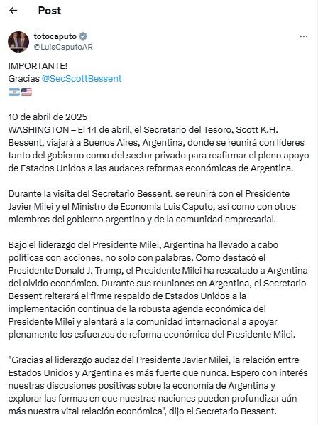 Caputo sobre la visita de Besset del Tesoro norteamericano a la Argentina