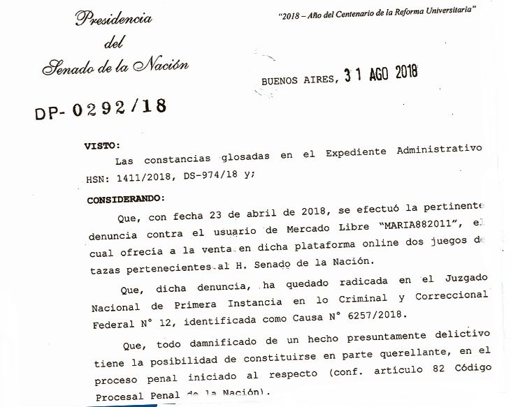 Michetti busca al que se llevó dos juegos de tazas del Senado