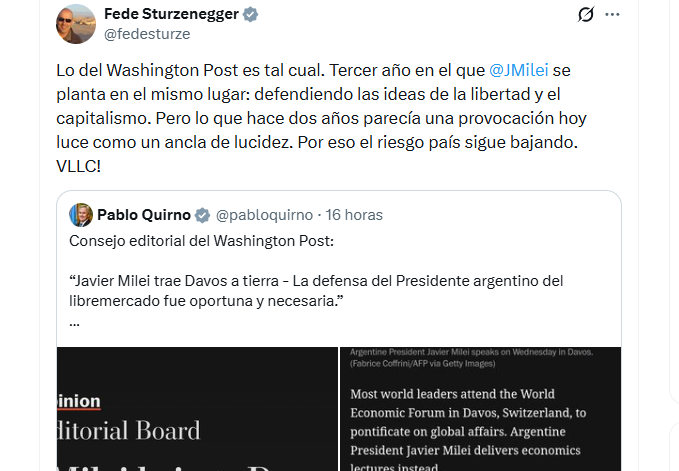 Sturzenegger y Quirno, entre los primeros en elogiar el editorial del WP sobre Milei en Davos.
