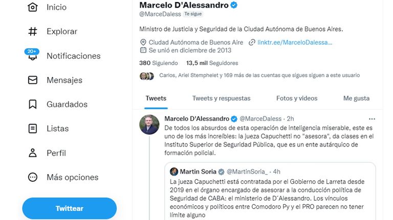 El posteo de Marcelo D'Alessandro, replicando acusaciones del ministro de Justicia de la Nación, Martín Soria.