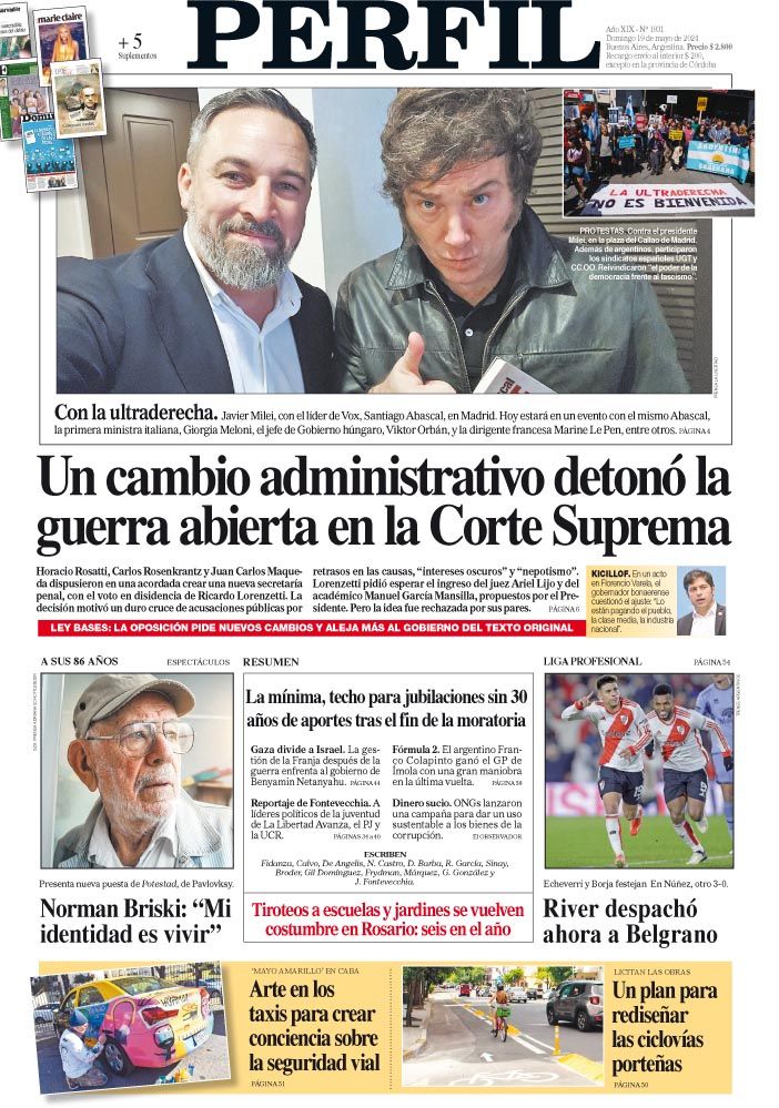 La tapa del Diario PERFIL del domingo 19 de mayo de 2024