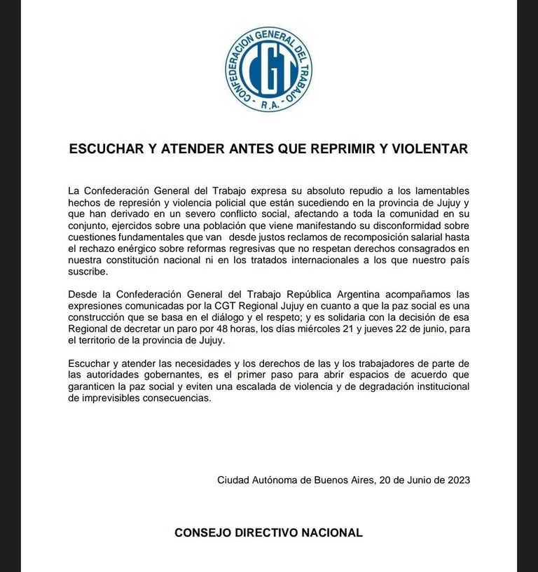 Comunicado CGT Jujuy