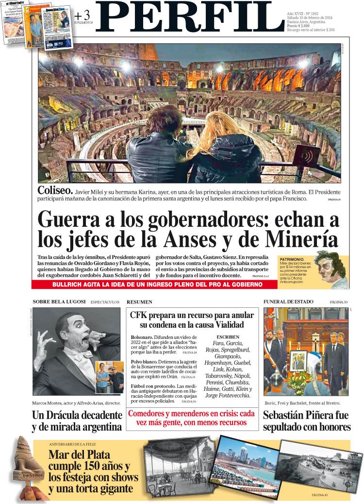 La tapa del Diario PERFIL del sábado 10 de febrero de 2024