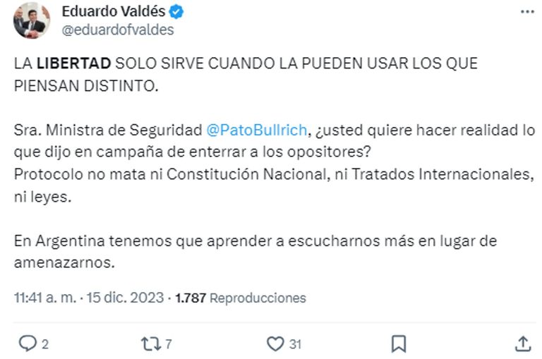Eduardo Valdés y Patricia Bullrich 20231215