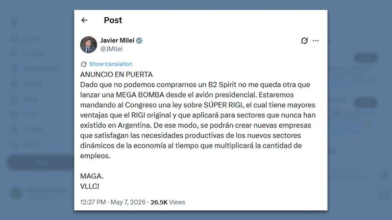 Posteo Javier Milei 07052026