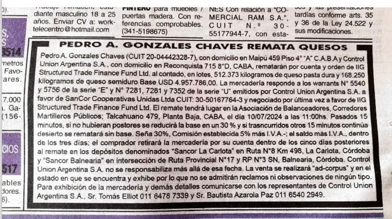 Clasificado remate de judicial de quesos SanCor