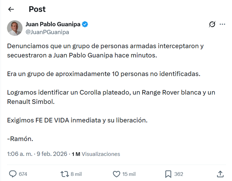 Posteo de anuncio de secuestro de Juan Pablo Guanipa