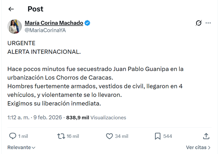 Post Machado sobre secuestro de Guanipa