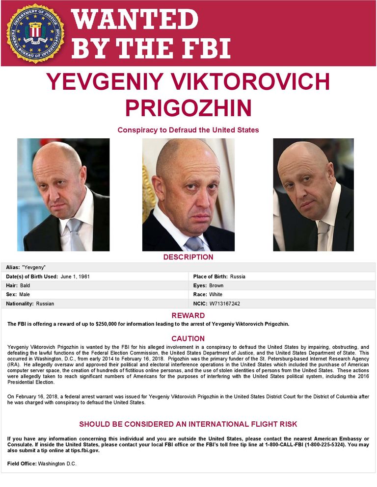 Cartel de búsqueda de Yevgueni Prigozhin del FBI