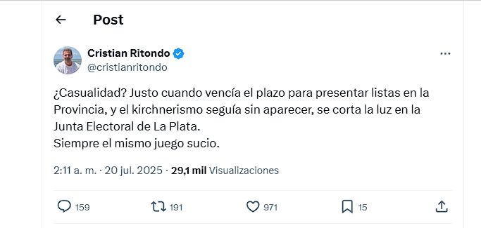 El tuit de Cristian Ritondo sobre el curioso corte de luz en La Plata que permitió que el PJ estirara el plazo para la presentación de sus listas.