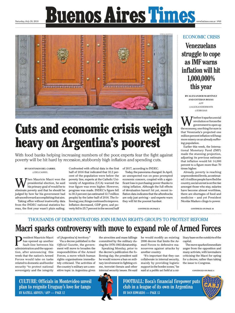 La tapa de Buenos Aires Times de este sábado 28 de julio de 2018