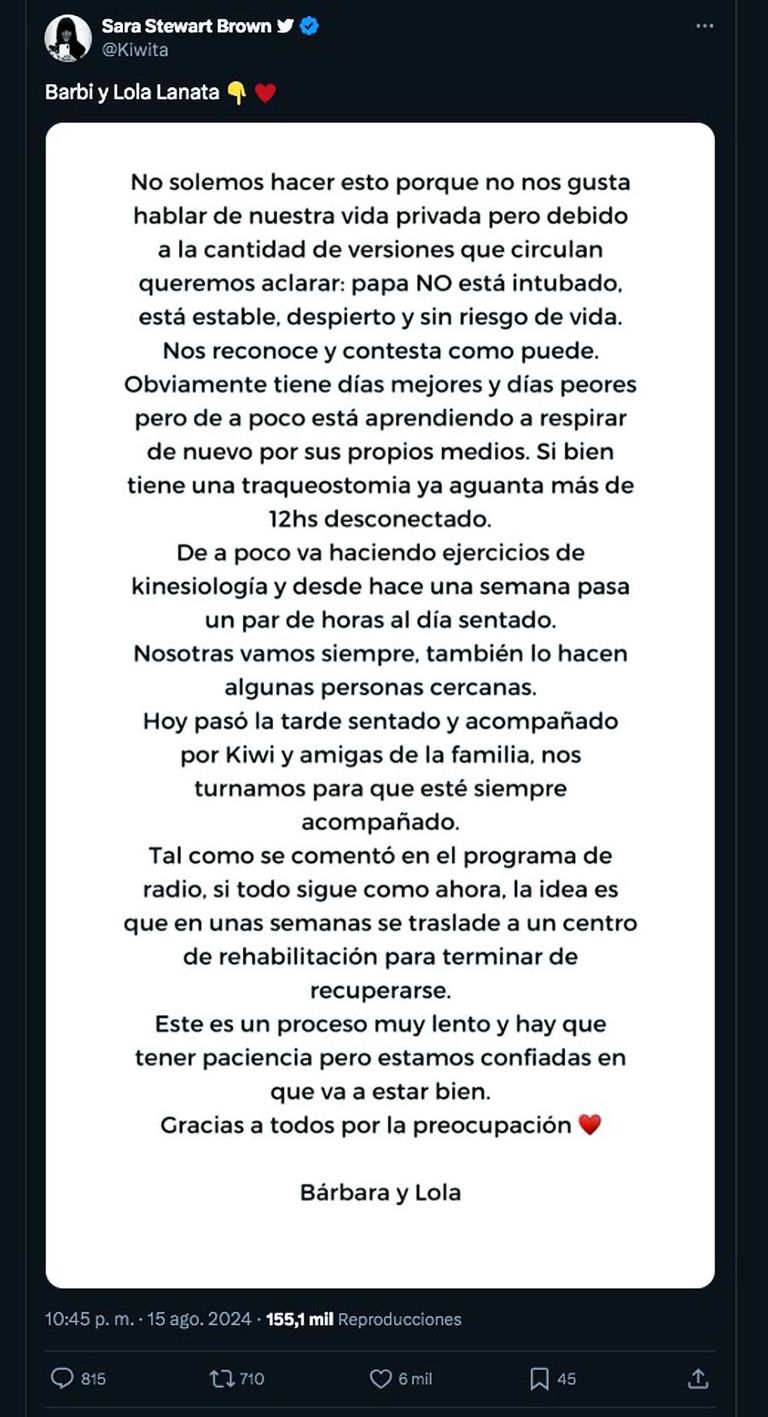 comunicado sobre la salud de Lanata