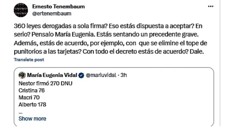 Polémica Ernesto Tenembaum-María Eugenia Vidal 20231228