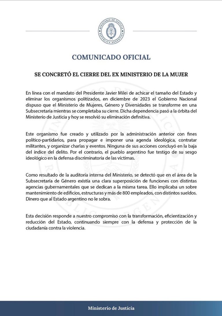 Comunicado cierre Ministerio de la Mujer
