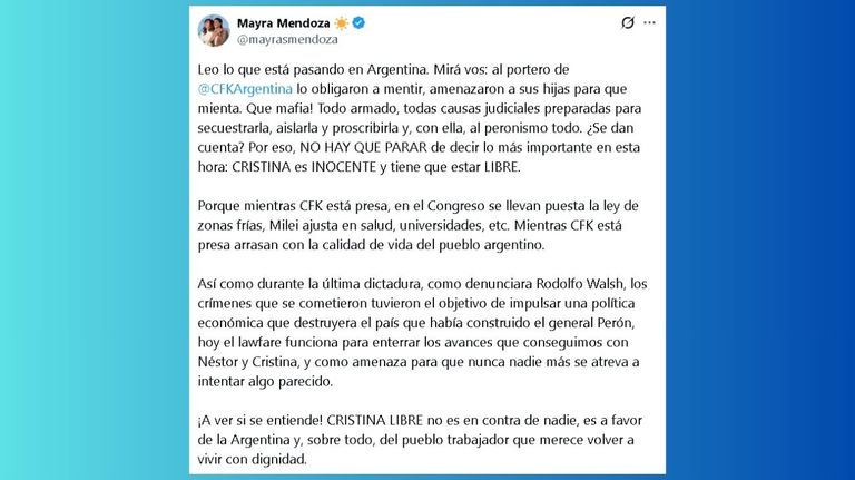 Mayra Mendoza aseguró que la Causa Cuadernos está armada para proscribir a Cristina Kirchner